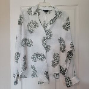 Halogen Women's Tie-Front Long-Sleeve Blouse White/Green Size M